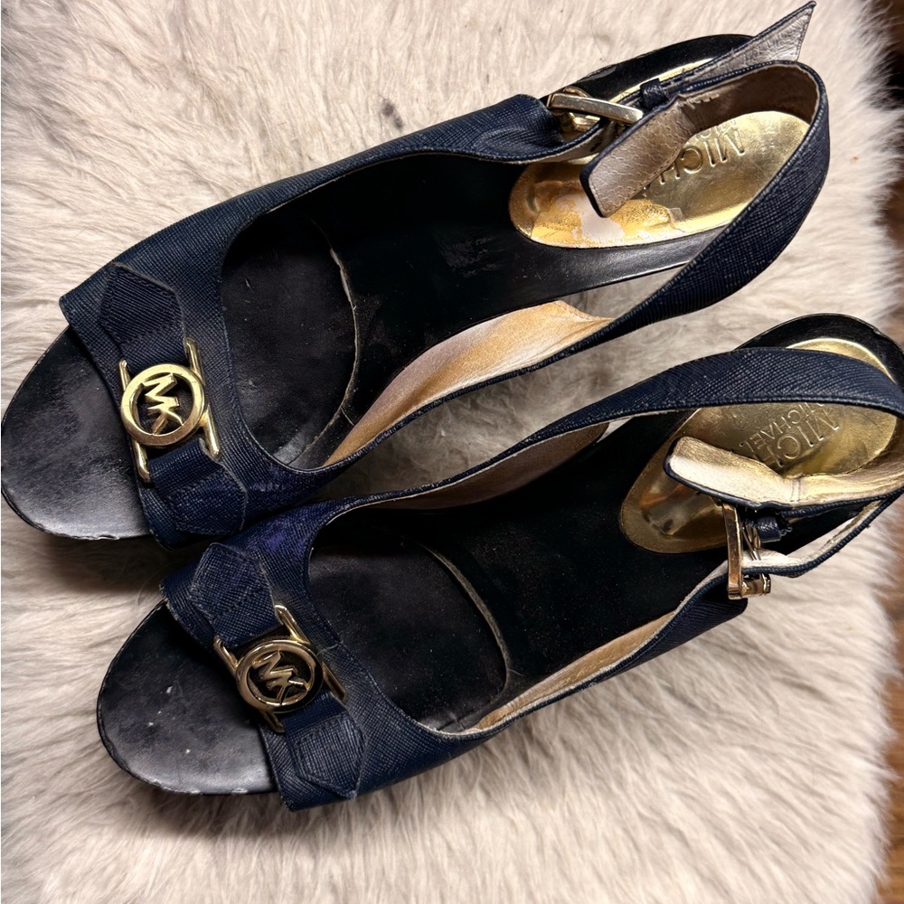 Michael Kors Navy Peep Toe Sandals with Gold Accents